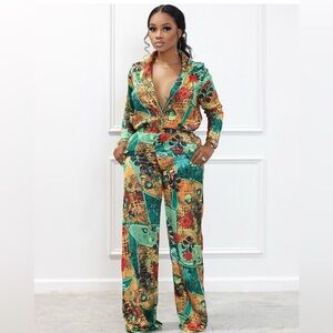 Printed Green & Orange Women's Pant Set